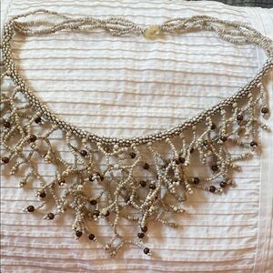 Elegant Vintage Beaded Necklace in Cream and Brown
